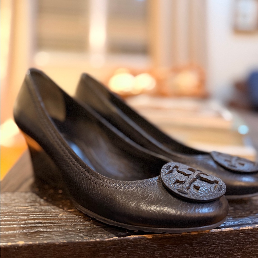 Tory Burch Black Leather Wedges